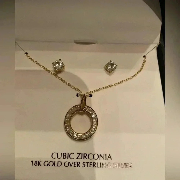 Cubic Zirconia Circle Pendant Necklace & White Lab Created Sapphire Studs - Picture 2 of 3